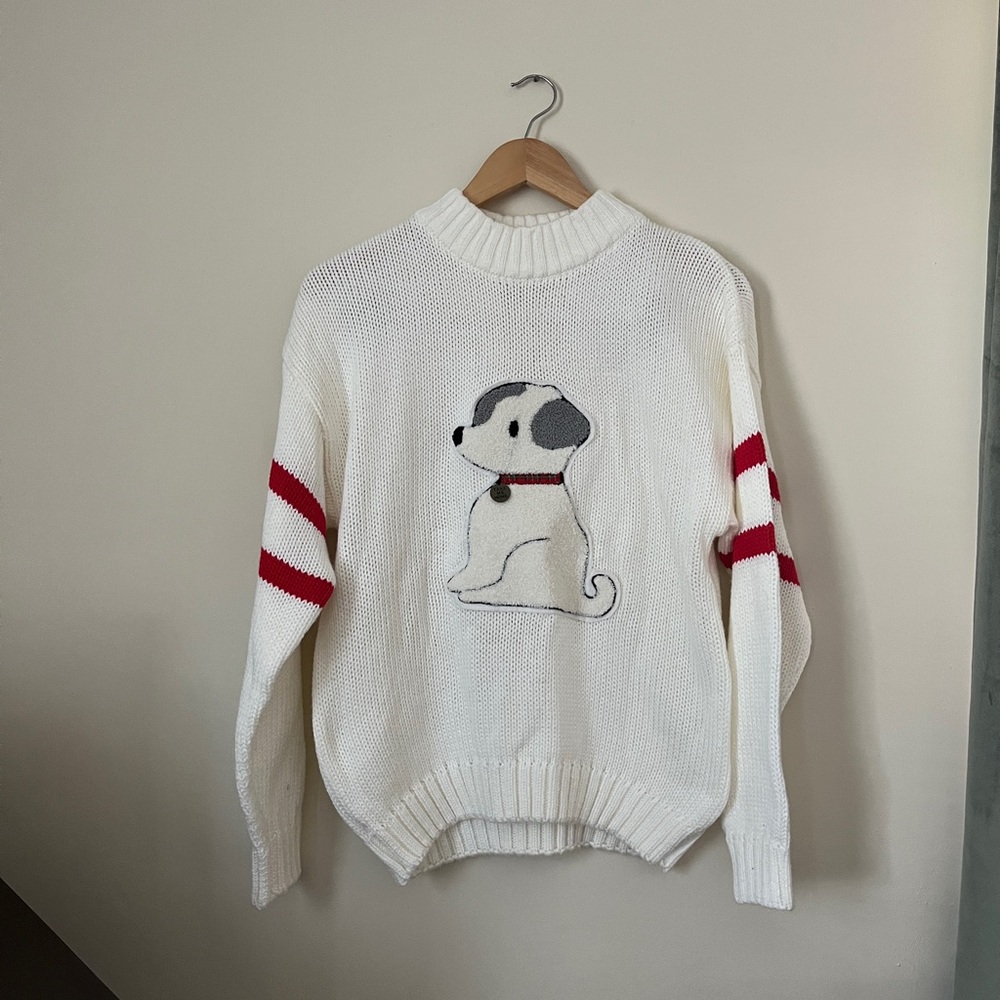 Vintage Sweater with Dog Design and Red Stripes